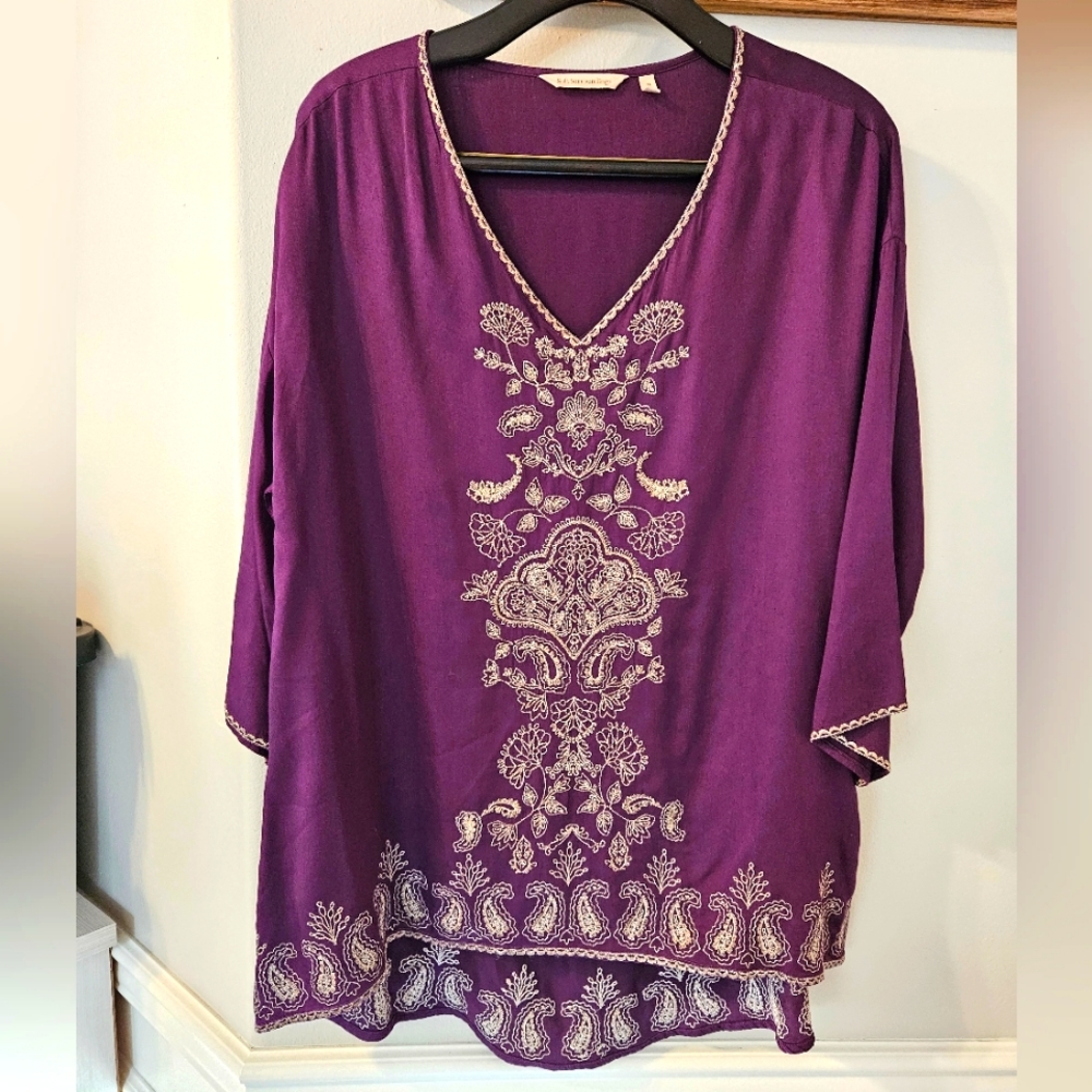 Soft Surroundings Women's Purple Embroidered Tunic Top Size M